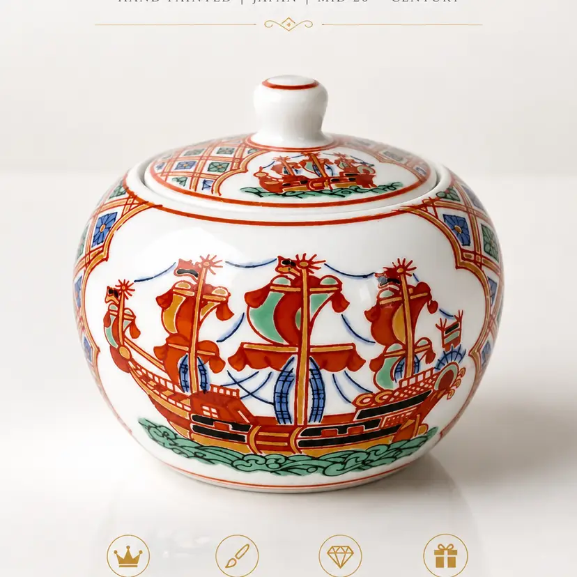 Vintage New Imari Japan jar W Lid Ship New