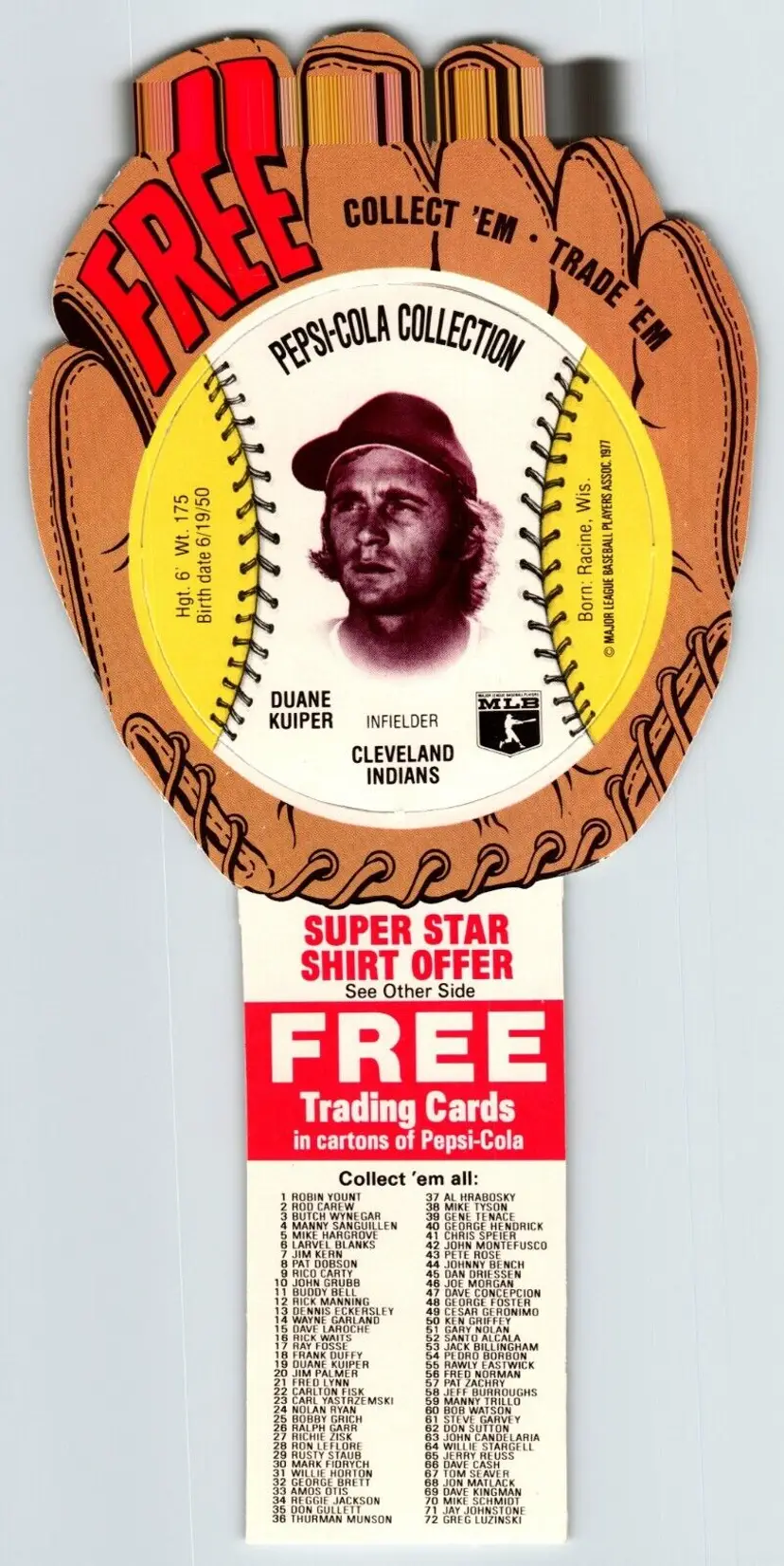 Pepsi Baseball Trading Card 1977 Duane Kuiper Cleveland Indians MLB Diecut Trade