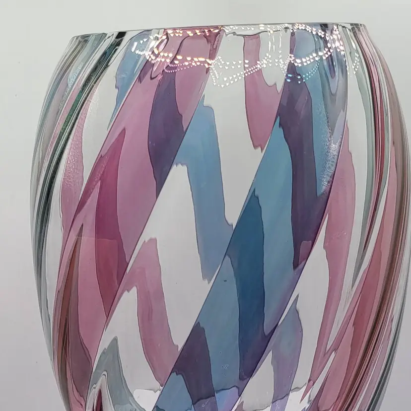 Vintage Bohemian Swirled Handblown Glass Vase with Pastel Hues of Pink and Blue