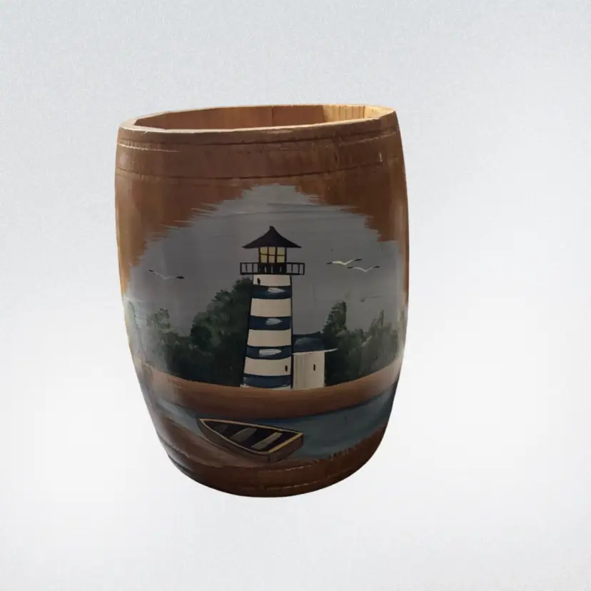 Wood Barrel Painted Lighthouse Scene