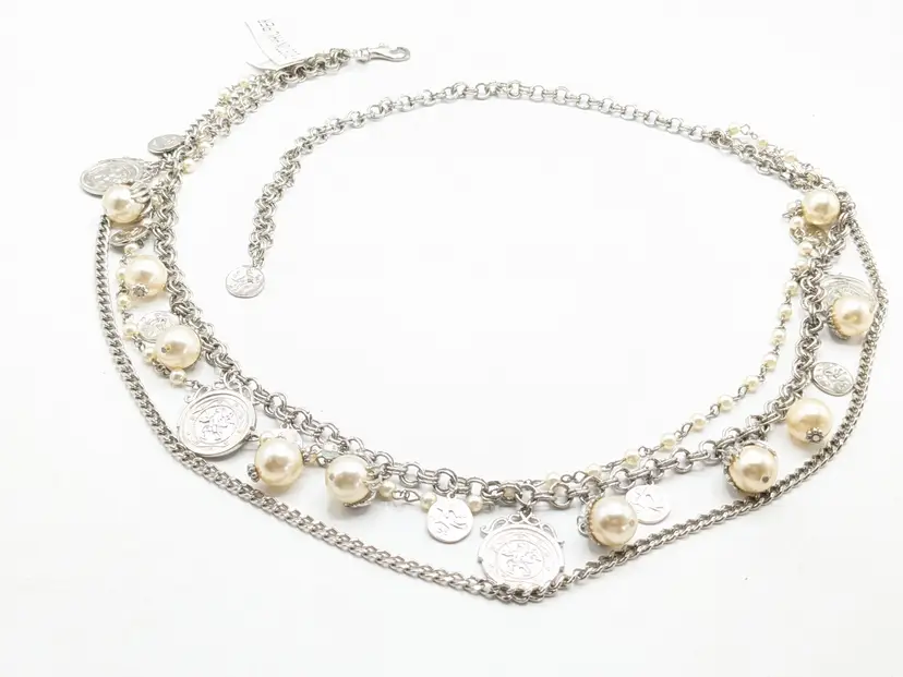 Boston Proper Triple Chain Silver Tone Faux Coin and Pearl Belt NWT