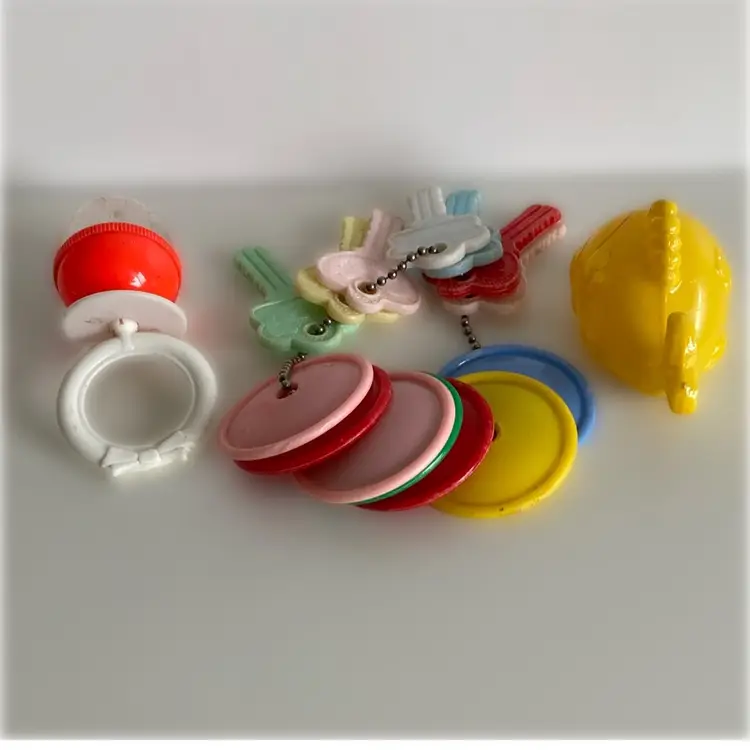 Set of 2 Vintage Baby Rattles Fish and Egg and Keys- for display only