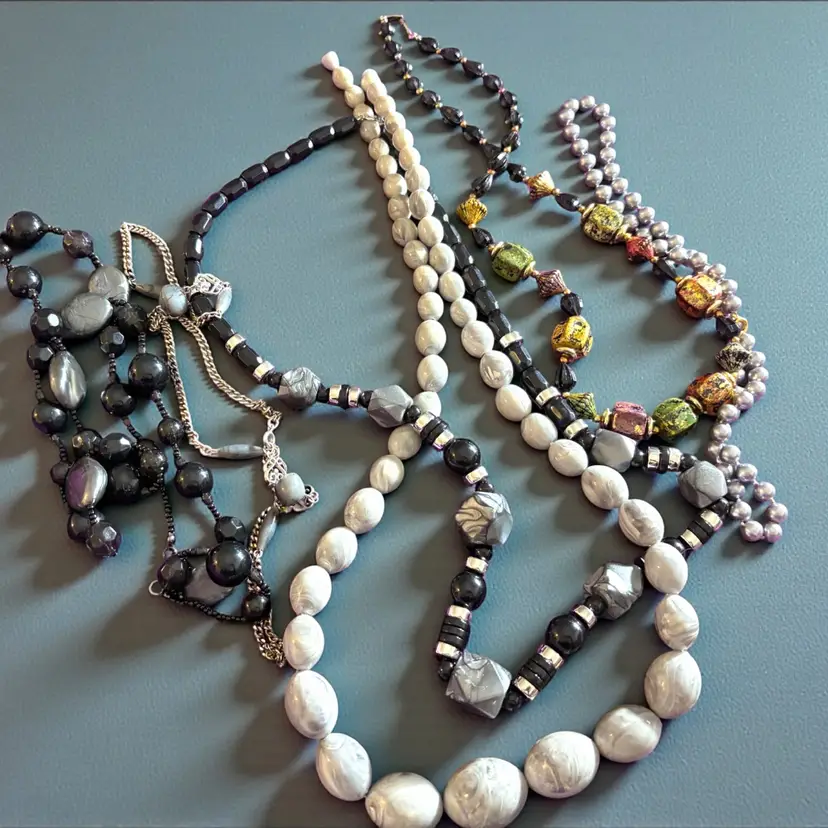 Lot Of 6 Black & Grey Faux Stone & Bead Necklaces