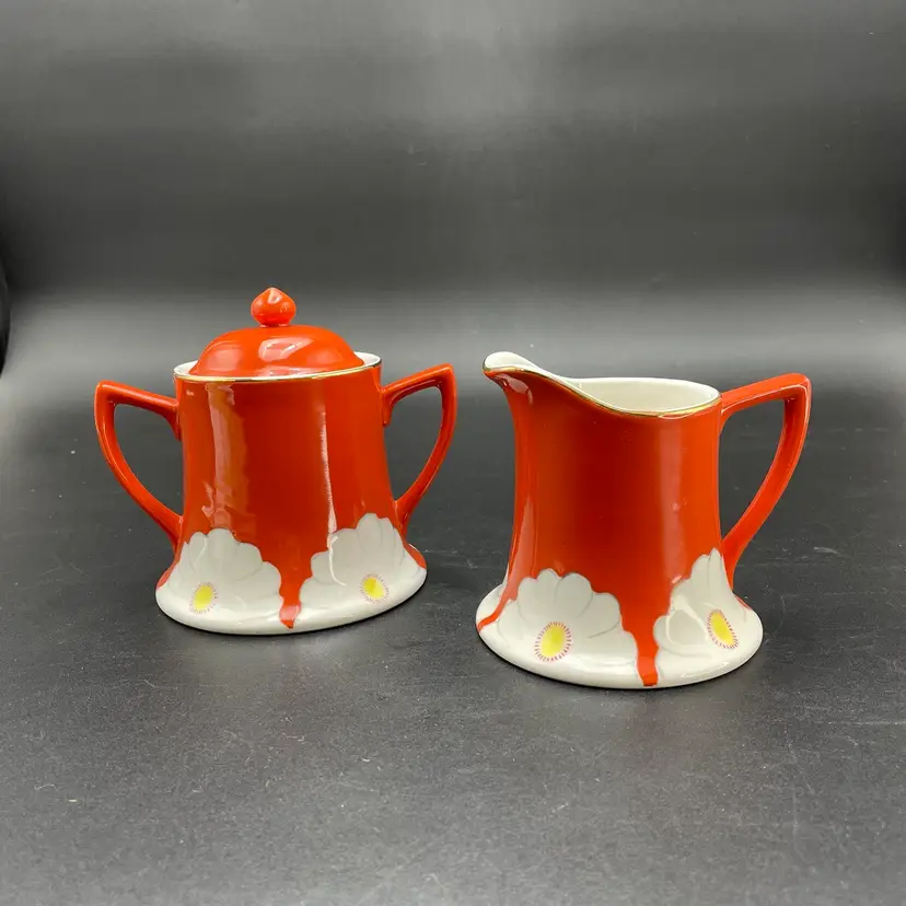 Anthropologie Grace Daisy Cream and Sugar Set of 2 Orange Serving Fall Autumn Kitchen