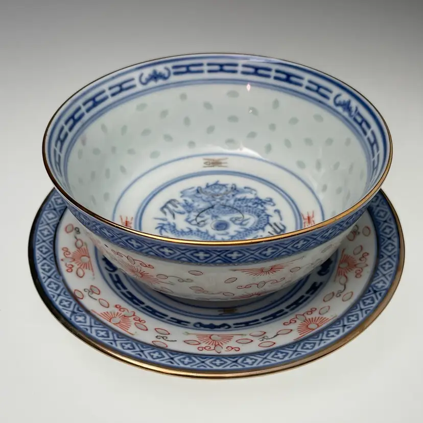Jingdezhen Rice Grain Porcelain Dragon Rice Bowl 4.75" w Chrysanthemum 6" Plate Vintage China