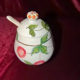 A Charming Vintage, Made in Italy Ceramic Jam Preserve Lidded Jar Pot Hand Painted Cherries W/ Ceramic Spoon