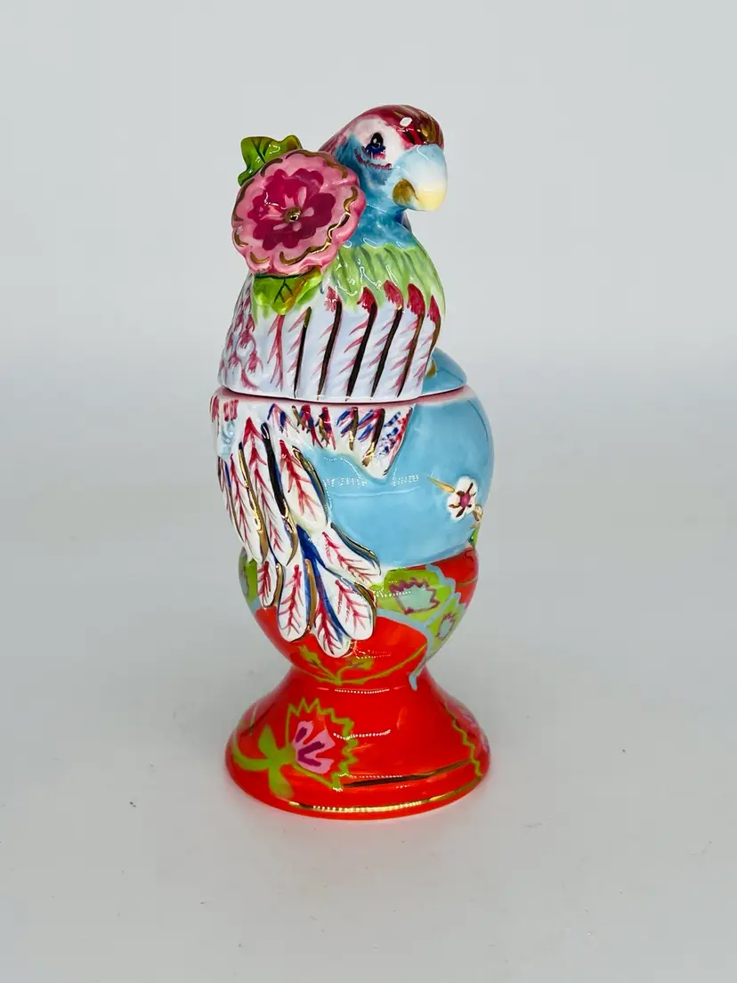 Tracy Portman Colorful Parrot Figurine Two Piece Container With Lid *small Paint Chip*