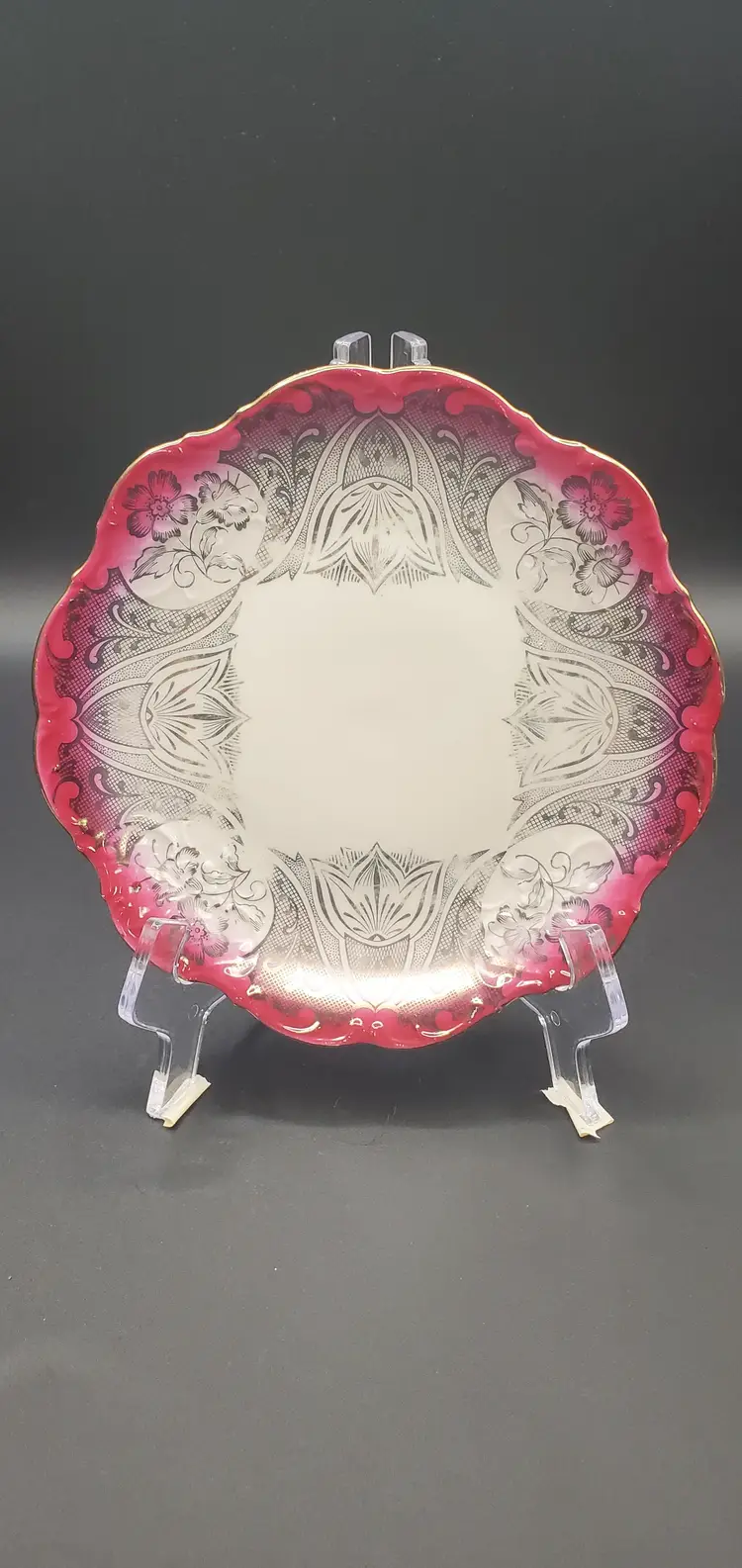 Bavaria Floral Silver & Red Ceramic Plate Germany 7-1/2"