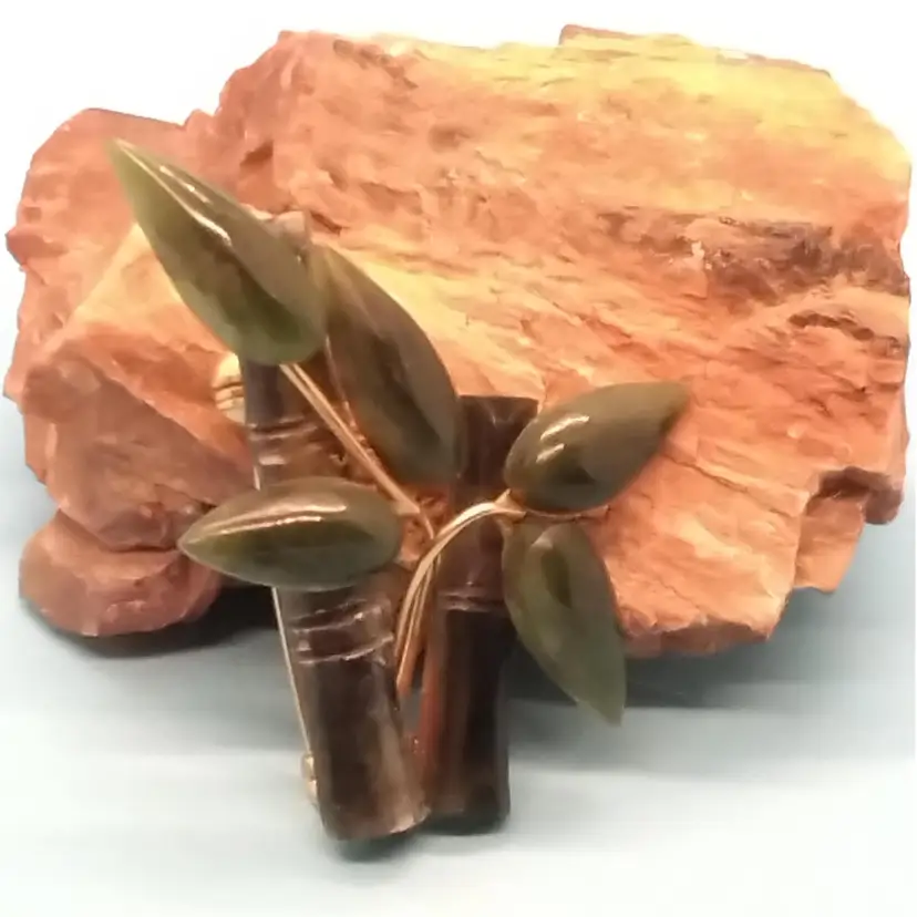Vintage Genuine Hand Carved Jade Bamboo Brooch