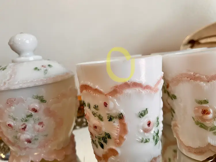 AS-IS Dithridge Glass Co. “Roses and Ruffles” Sugar Dish + Four Tumblers