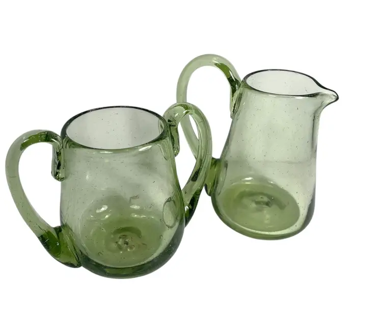 Creamer Open Sugar Set Hand Blown Green Glass