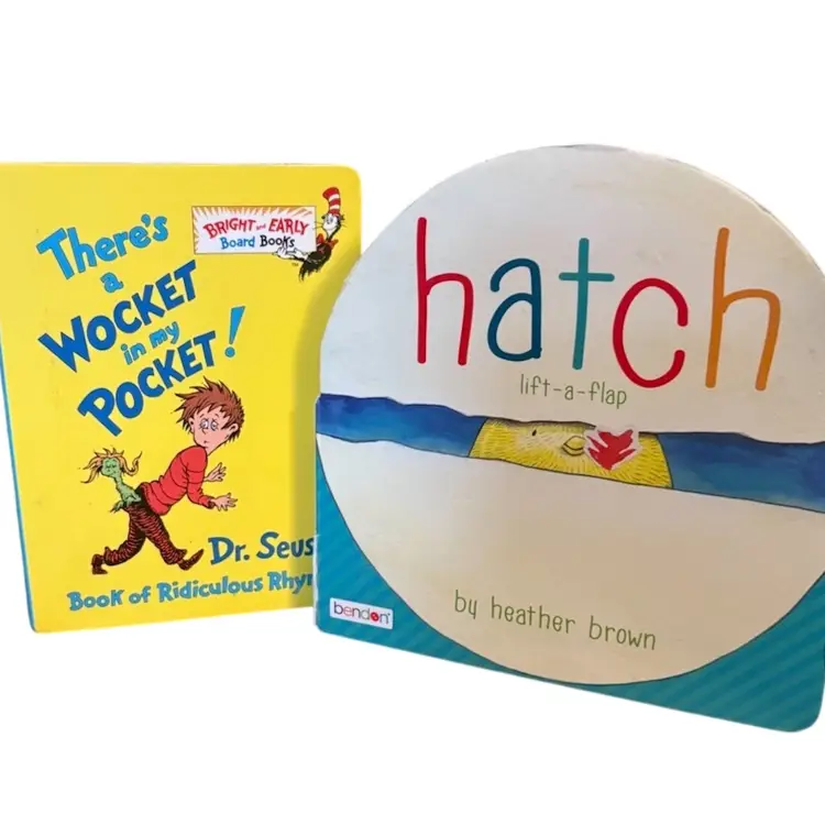2 Children’s Board Books 
There’s A Wocket In My Pocket 
And Hatch (lift a flap)