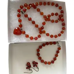 Burnt Orange Glass Bead Vintage Set Heart Necklace Bracelet Earrings