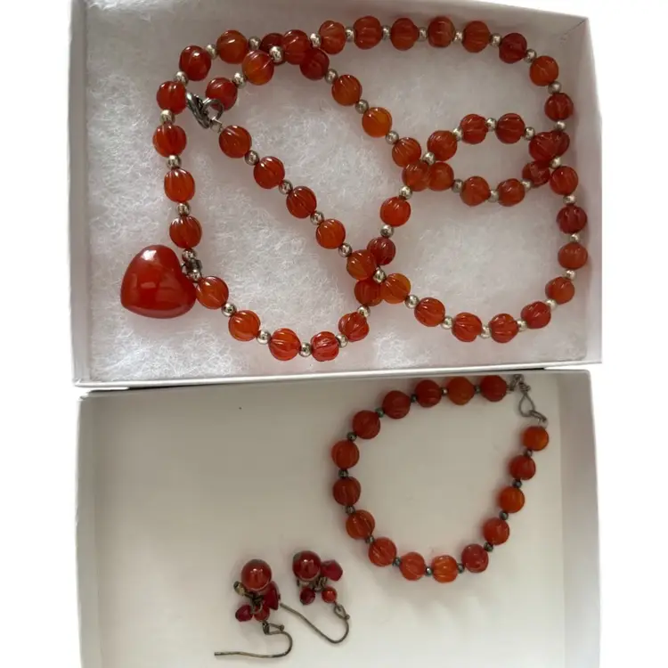 Burnt Orange Glass Bead Vintage Set Heart Necklace Bracelet Earrings
