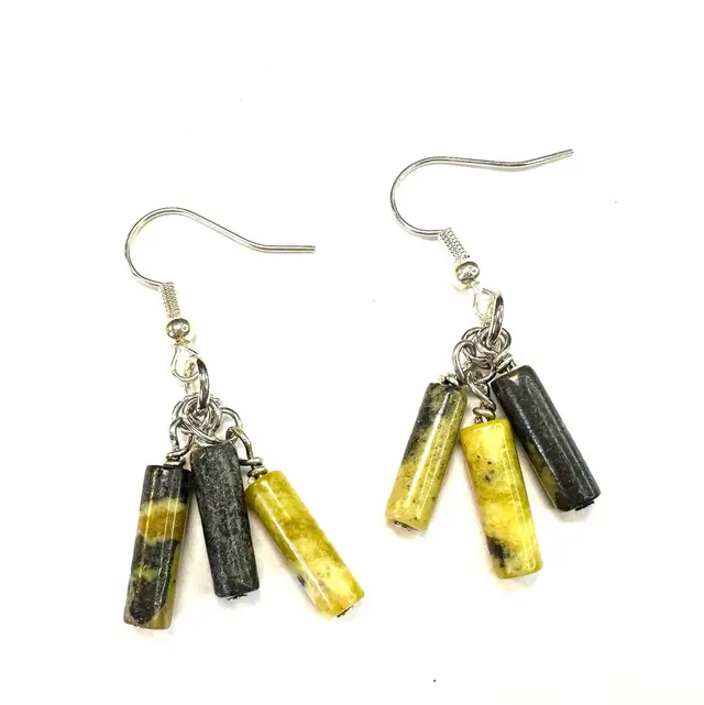 Green Black Tube Stone Beaded Handmade Dangle Earrings Silver Tone 1.5”L Made By Me