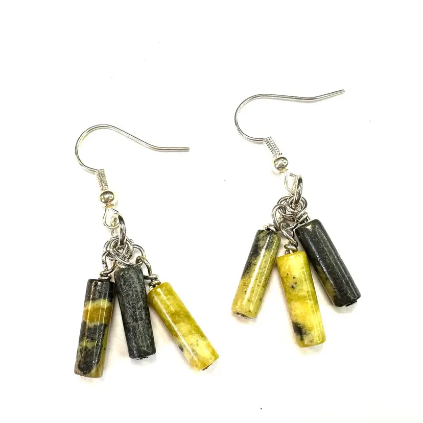 Green Black Tube Stone Beaded Handmade Dangle Earrings Silver Tone 1.5”L Made By Me