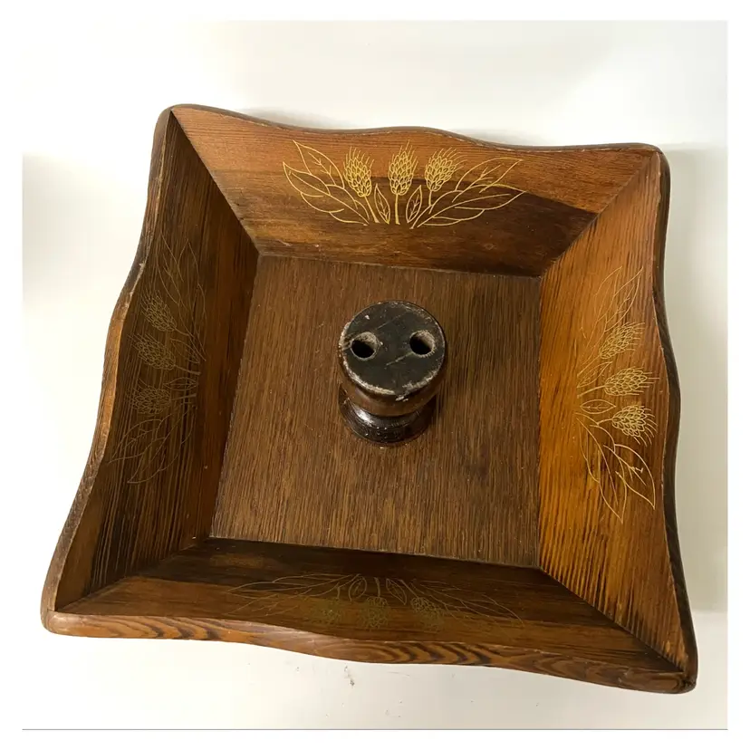 Square Shaped Wooden Nut Bowl Serving Tray Hand Painted Wheat Design 8.8x8.8 in