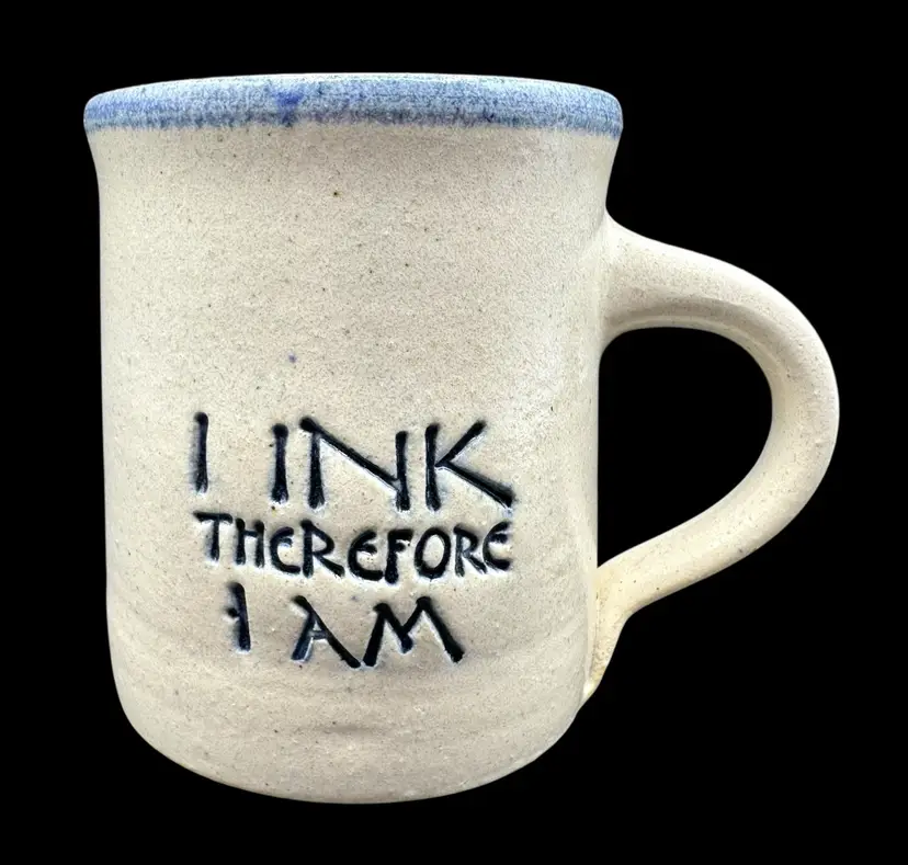 Signed Dave Kohl Art Pottery Mug I Ink Therefore I Am Blue White Writing Tattoo