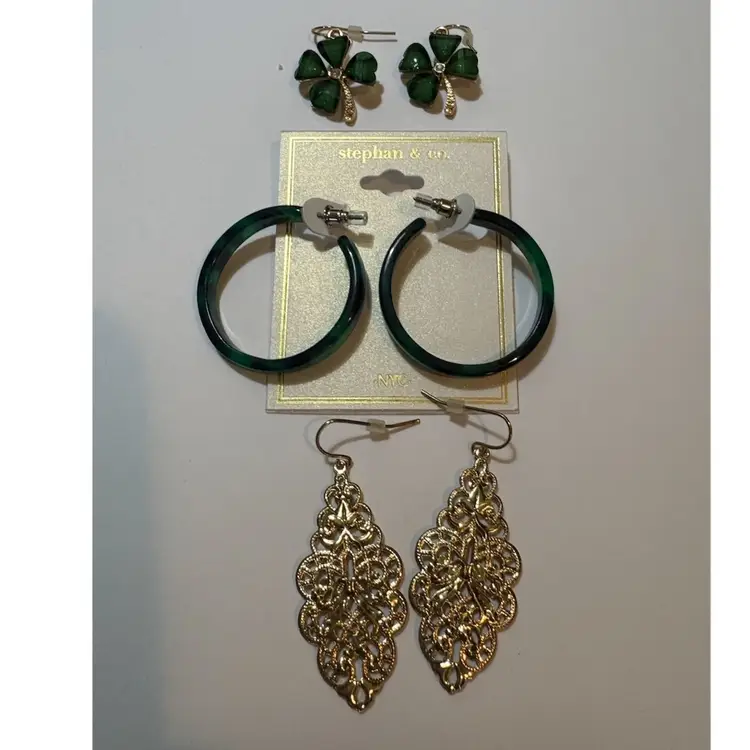 Shamrock Earrings Gold Metal Detailing. Jade Look Light Weight Hoops And Lightweight filigree dangle earrings