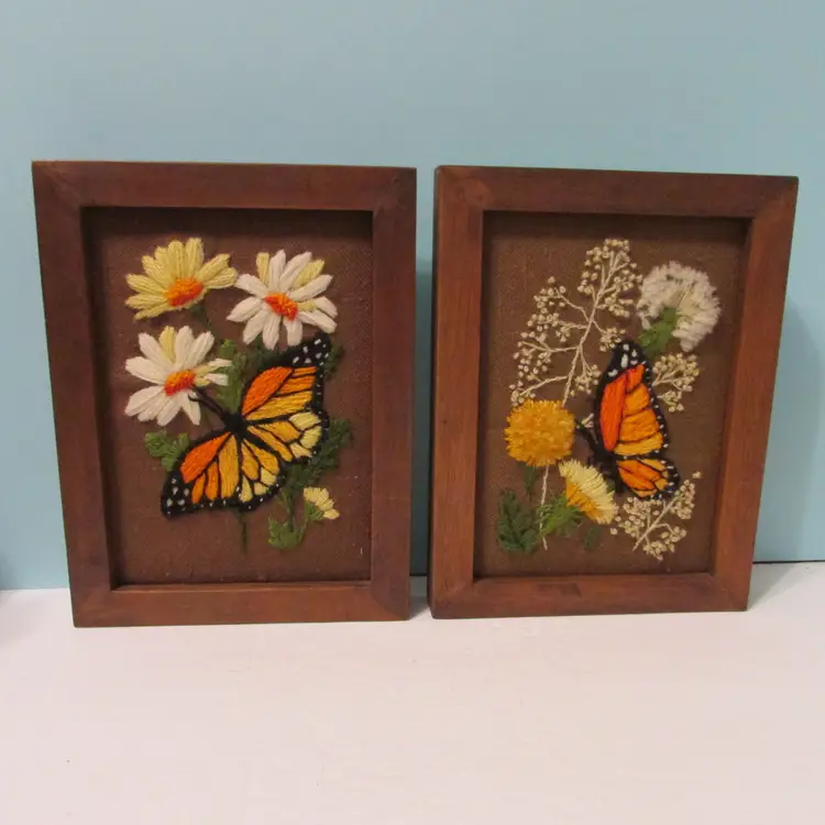 set of 2 vintage crewel framed Monarch butterfly wall art nature decor