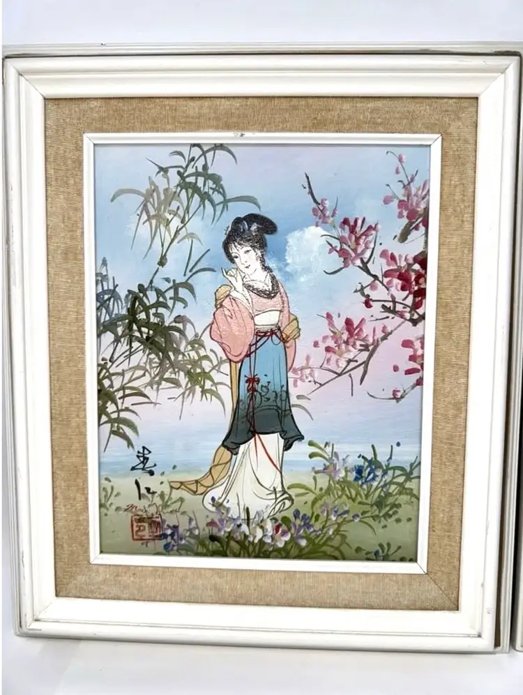 2 Oil Painting Chinese Women Pink Garden Framed Signed Mau Ling 14.5” X 12 1/4