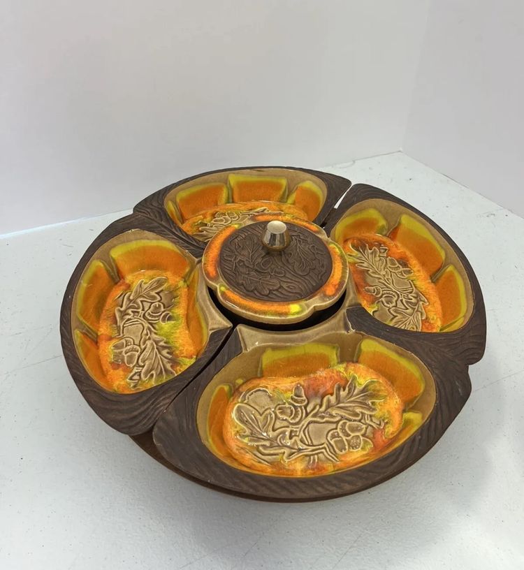 MCM Calf Pottery Lazy Susan 734 Orange Drip Glaze Acorns Fall Chip & Dip Veggies