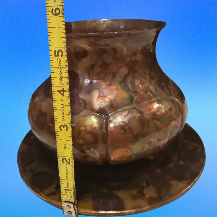 Copper  lusterware footed pot cauldren with underplate
