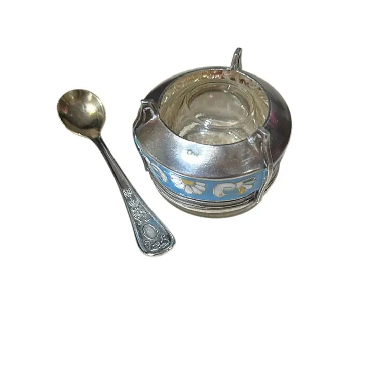 Vintage Russian Silver Tone Enamel Footed Salt Cellar Caviar Mustard Pot W Spoon Bird