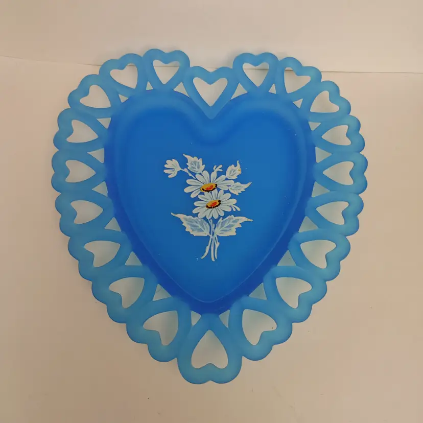 Westmoreland Blue Mist Satin glass heart-shaped trinket dish with Daisy design. 1970's. No chips.