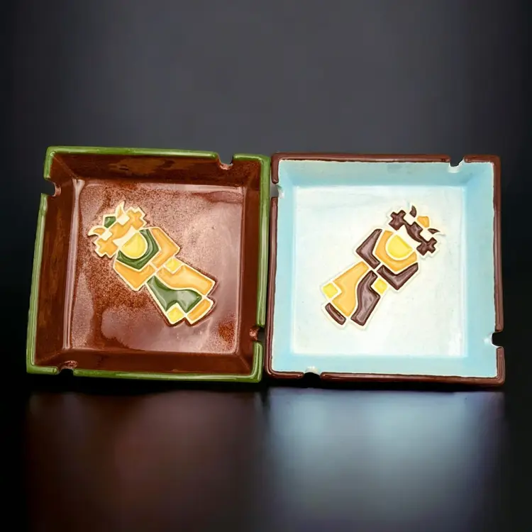 Pair Of Vintage Ceramic Legendware Ashtrays Southwest Blue And Brown Kachina