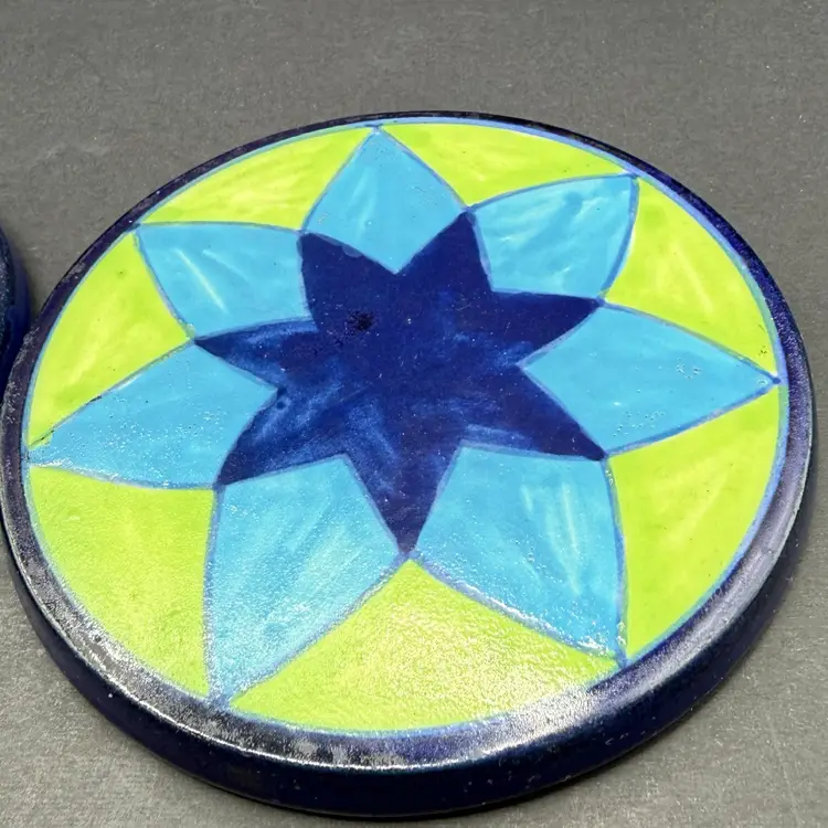 Set Of Two Blue Star On Green Coasters Ceramic