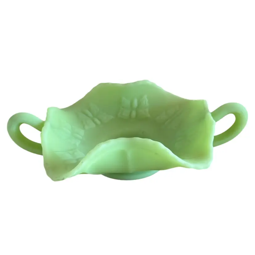 Fenton "Lime Sherbet" satin uranium glass handled bon bon dish featuring a butterfly pattern