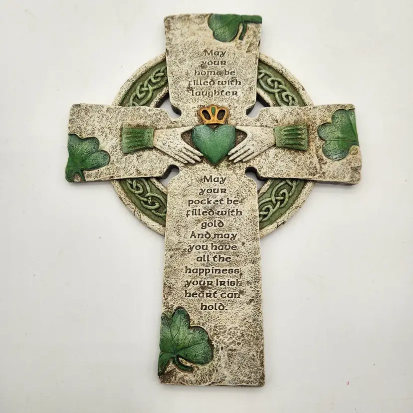 Traditional Irish Blessing Claddagh Wall Cross Shamrock Celtic Knot Resin Rustic