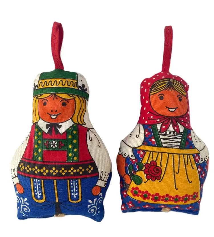 Vintage Fabric Stuffed Boy & Girl Christmas Ornament Dolls Bavarian Outfits 7"