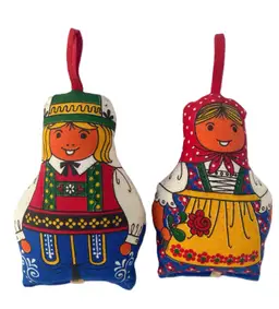 Vintage Fabric Stuffed Boy & Girl Christmas Ornament Dolls Bavarian Outfits 7"