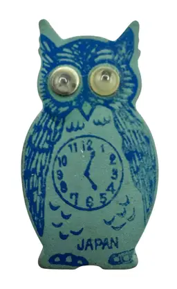Vintage 1960s Novelty Rubber Eraser Owl Clock Googly Eyes Blue Shackman Japan