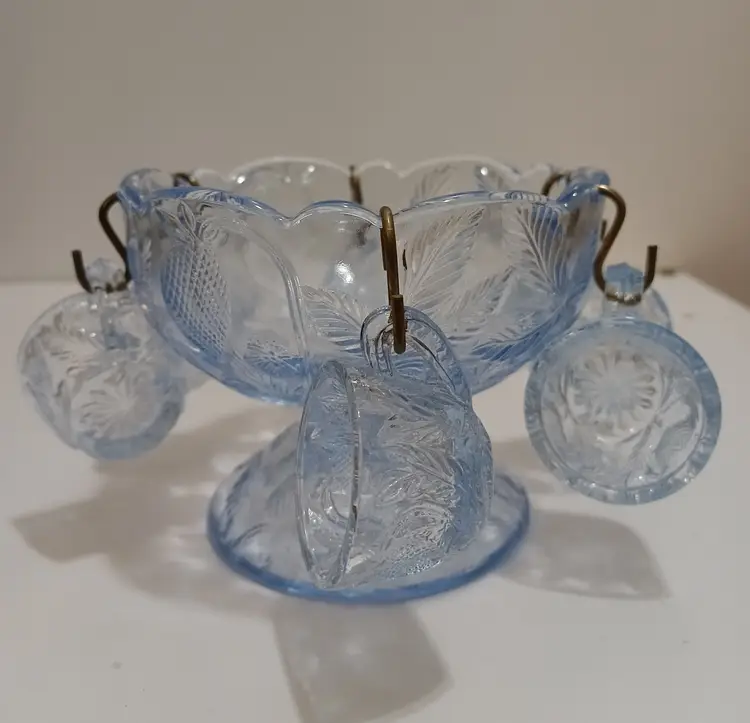 Mosser Powder Blue Depression Glass Miniature Punch Bowl w/Cups