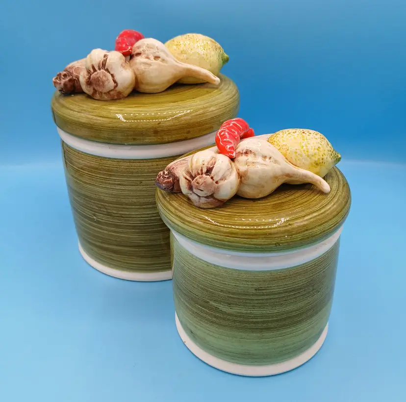 Vintage Set Of 2 Isco Garden Harvest, Green, Hand-Painted Canisters with 3D Vegetables