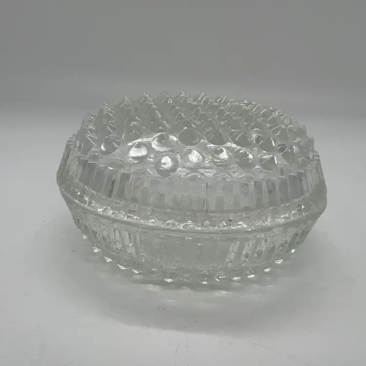 Vintage Clear Glass Hobnail Round Trinket Box Dresser Jar