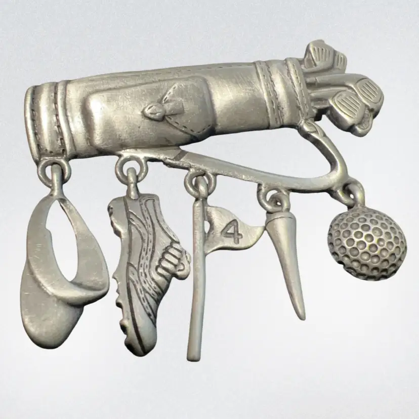 Signed JJ Pewter Golf Clubs Pin  Bag With Dangle Accessories 2” Jewelry Brooch