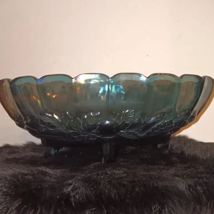 Vintage Indiana Glass Blue Heavily Iridescent Carnival Glass Lg Fruit Console Bowl