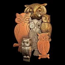 K&T Layered Mixed Metal Owl Brooch 2.25”