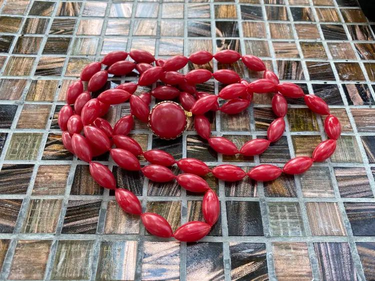 Vintage Plastic Red Oval Bead Rope Style Necklace 53"