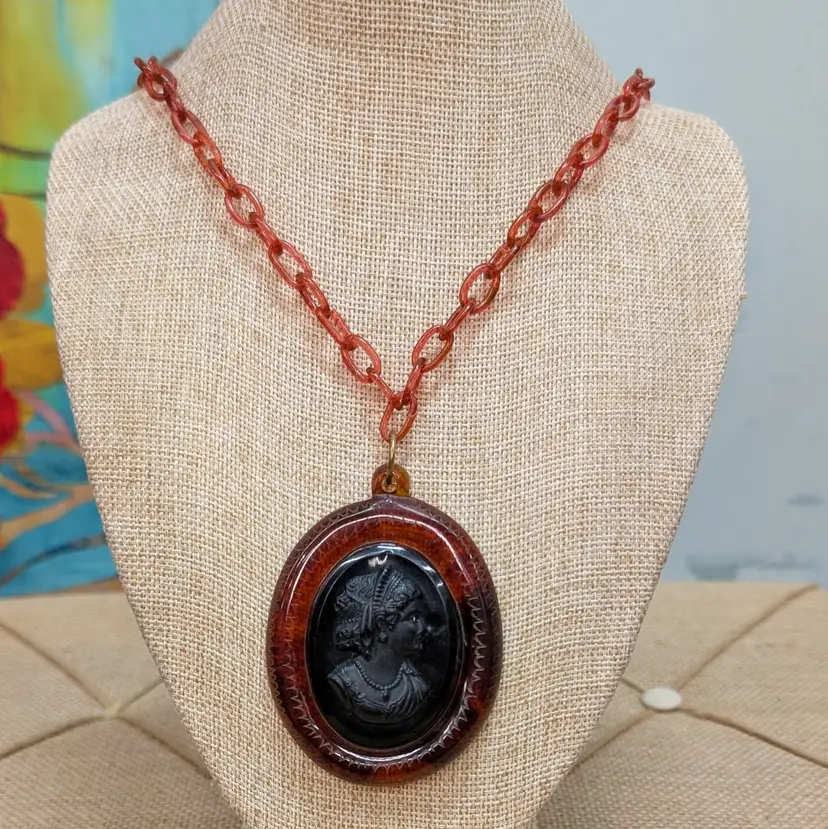 Vintage Amber Bakelite Pendant Etched With Black Mourning Cameo & Celluloid Chain