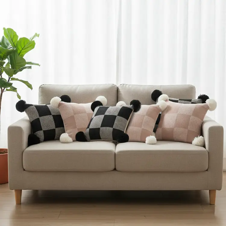 SOGA 6PC Modern Black, Pink & Gray Gingham Pom-Pom & Checkerboard Knit Pillow Covers