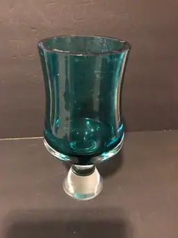 Teal Green Art Glass 11” Heavy Glass Vase W Clear Stem Bottom