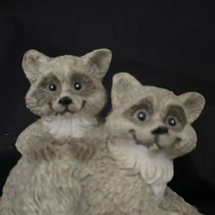 Vintage Aramark Twin Raccoons Playing Light Gray Resin Figurine