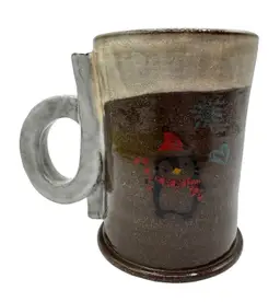 Signed MK Studio Art Pottery Abstract Handled Mug Cup Penguin Brown 8oz 2023 4”