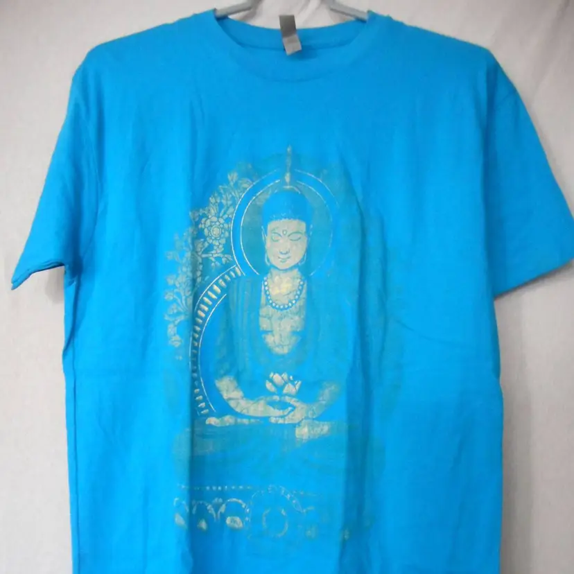 Bright Blue Buddha fade design Tee T-Shirt Short Sleeve cotton Unisex Sz M