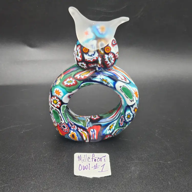#1 HTF Vintage KB Italy Murano Venetian Art Glass Satin Millefiori Cut Cane Owl Napkin Ring RARE!